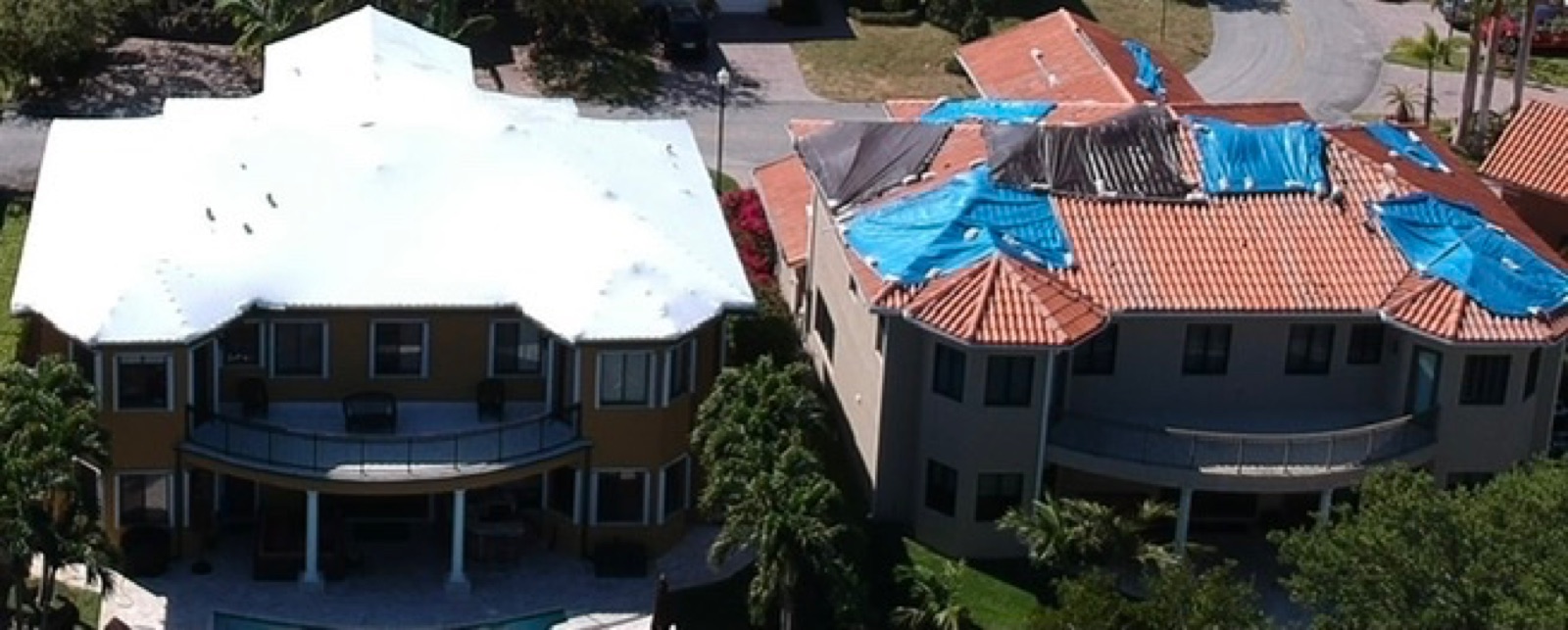Side by side comparison of a home protected by a white Titanium Tarps shrink wrap roof next to a neighbor's failing blue tarps