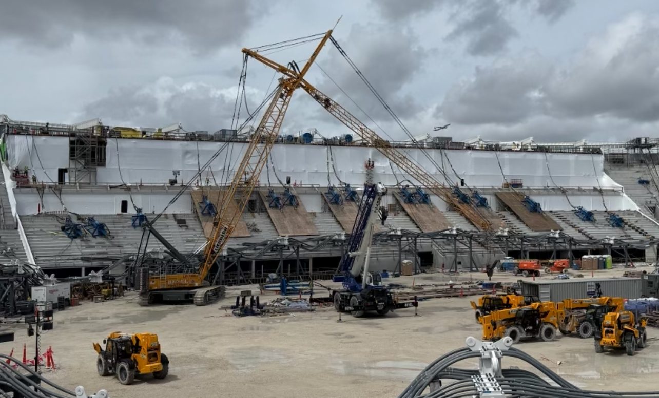 Titanium Tarps white enclosure film on the Inter Miami CF stadium canopy during construction