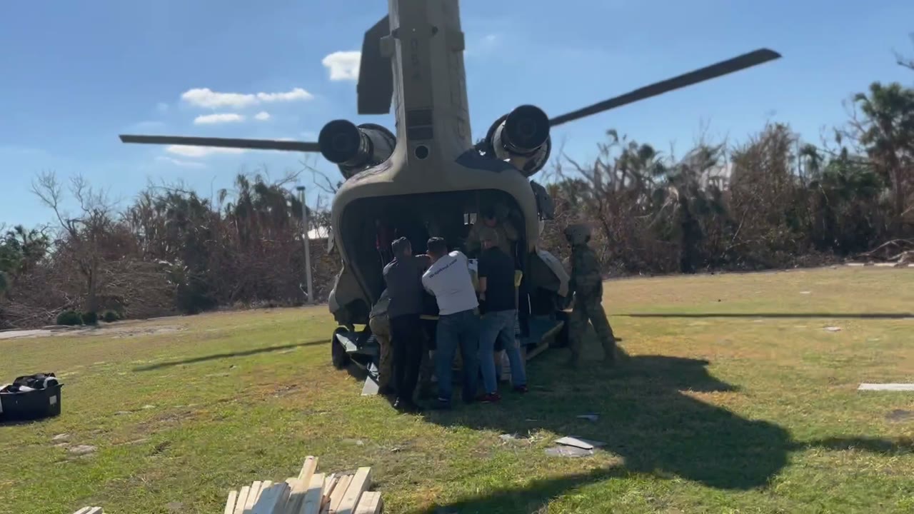 Chinook helicopter with its loading ramp open in Sanibel